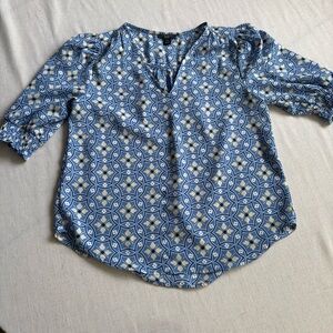 Ann Taylor Factory Blue Floral Blouse Women’s XXSP Petite Puff Sleeve Top